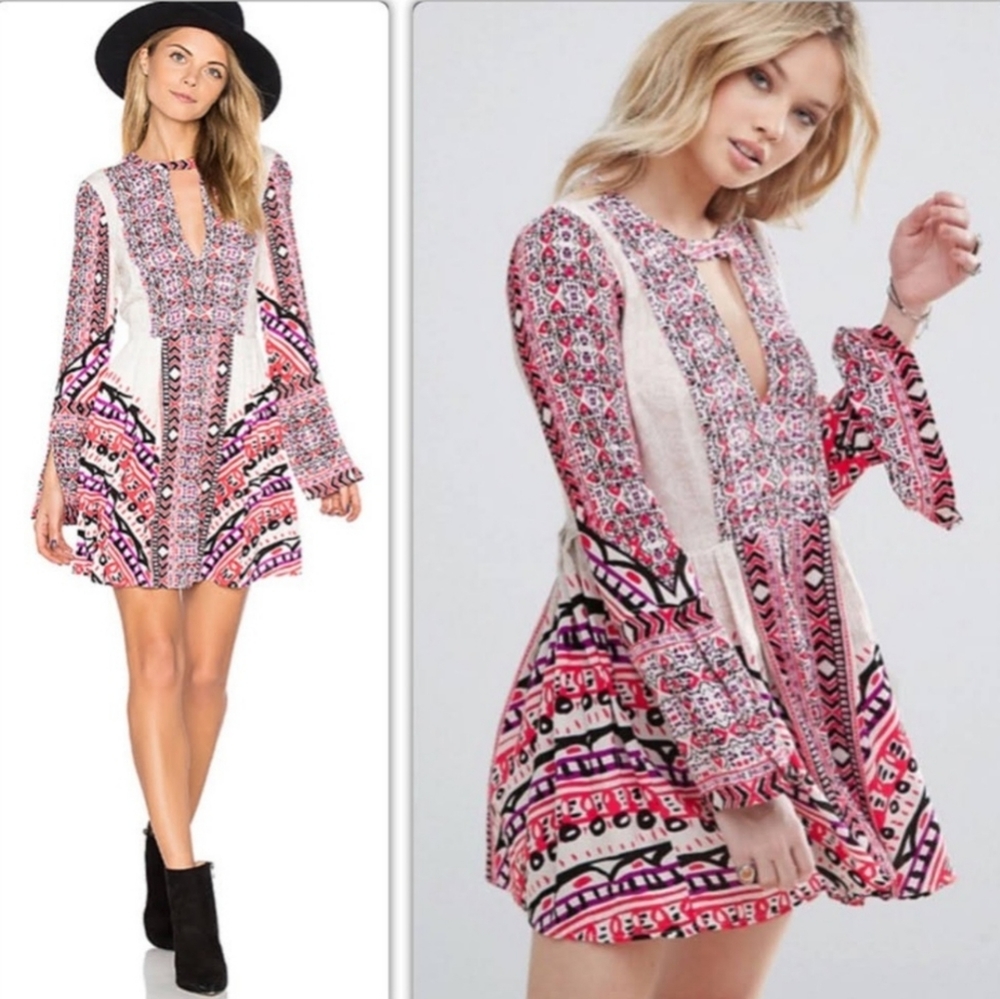 Free People Tegan Border Print pink purple cream dress size 2 XS